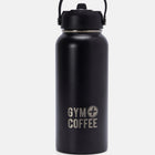 A black stainless steel water bottle with a Gym+Coffee logo, featuring a flip straw lid and carry handle.