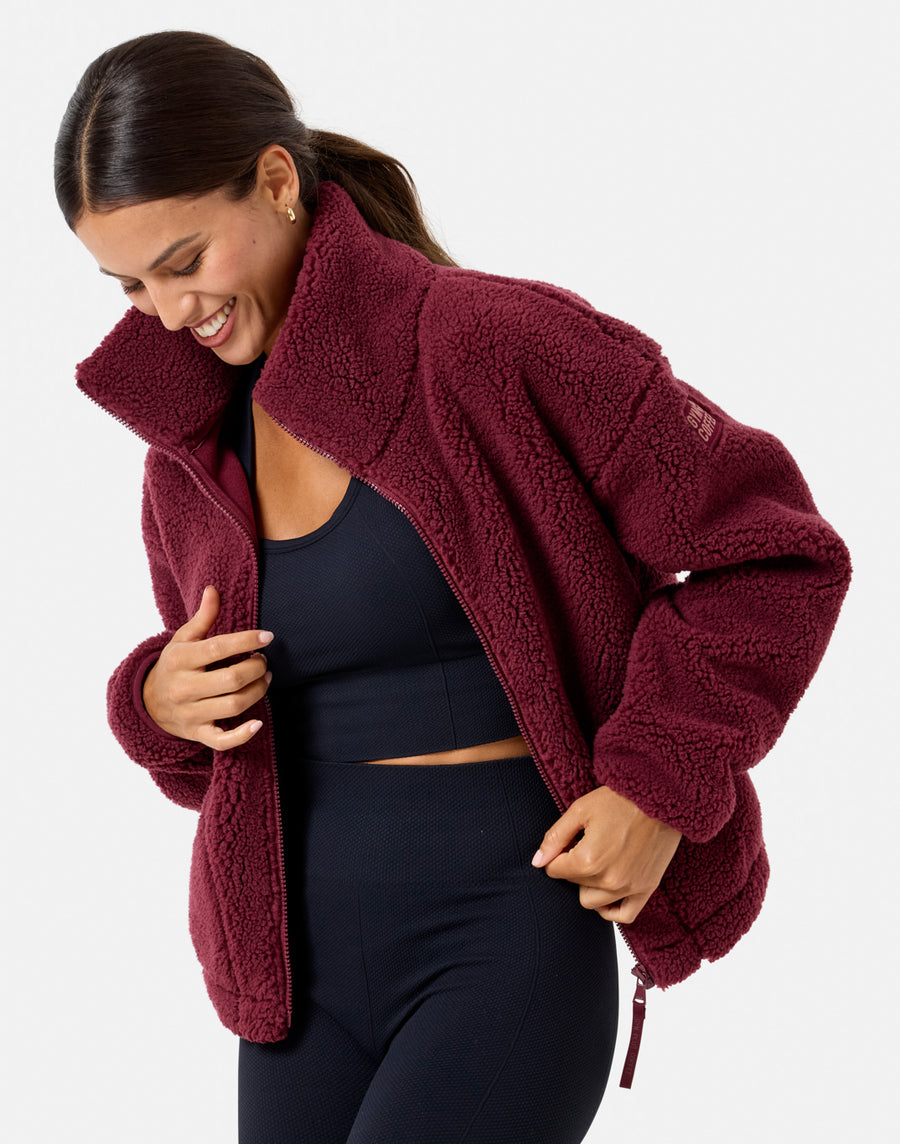 Industry Fleece High Collar Jacket in Cherry Crush