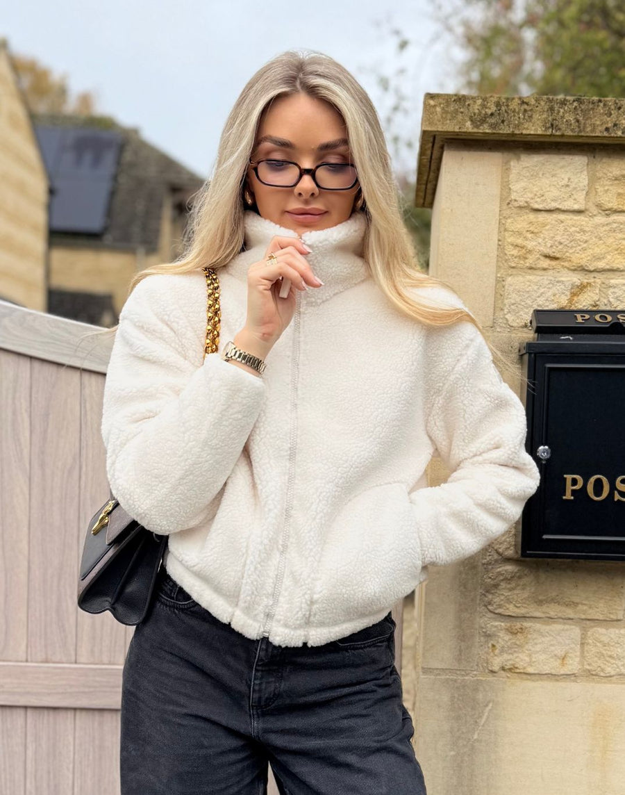 Industry Fleece High Collar Jacket in Cloud White