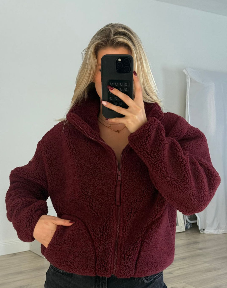 Industry Fleece High Collar Jacket in Cherry Crush