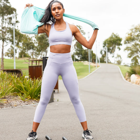 Gym Plus Coffee Shop Women's lilac swift leggings and sports bra advantage long sleeve tee in mint 
